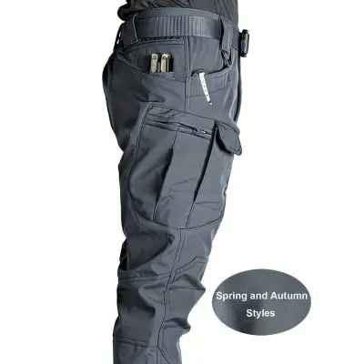Men Fashion Casual Solid Color Multi-Pocket Cargo Pants High Waist
