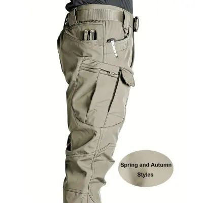 Men Fashion Casual Solid Color Multi-Pocket Cargo Pants High Waist