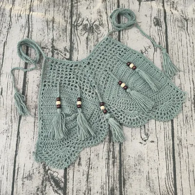Women Fashion Sexy Solid Color Boho Crochet Tassel Bikini Top