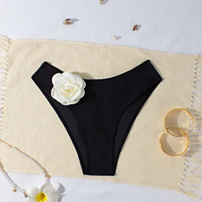 Women Fashion Sexy Solid Color Flower Decoration Bikini Bottom