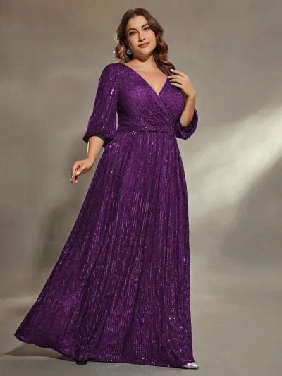 Women Fashion Elegant Plus Size Solid Color V-Neck Short-Sleeve Party Evening Dress