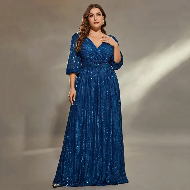 Women Fashion Elegant Plus Size Solid Color V-Neck Short-Sleeve Party Evening Dress