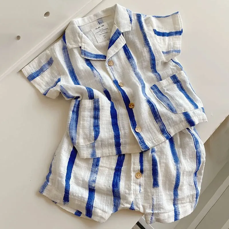 Kids Boys' Striped Casual Summer Short-Sleeve Shirt and Loose Shorts 2-Piece Set