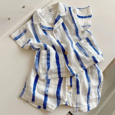 Kids Boys' Striped Casual Summer Short-Sleeve Shirt and Loose Shorts 2-Piece Set