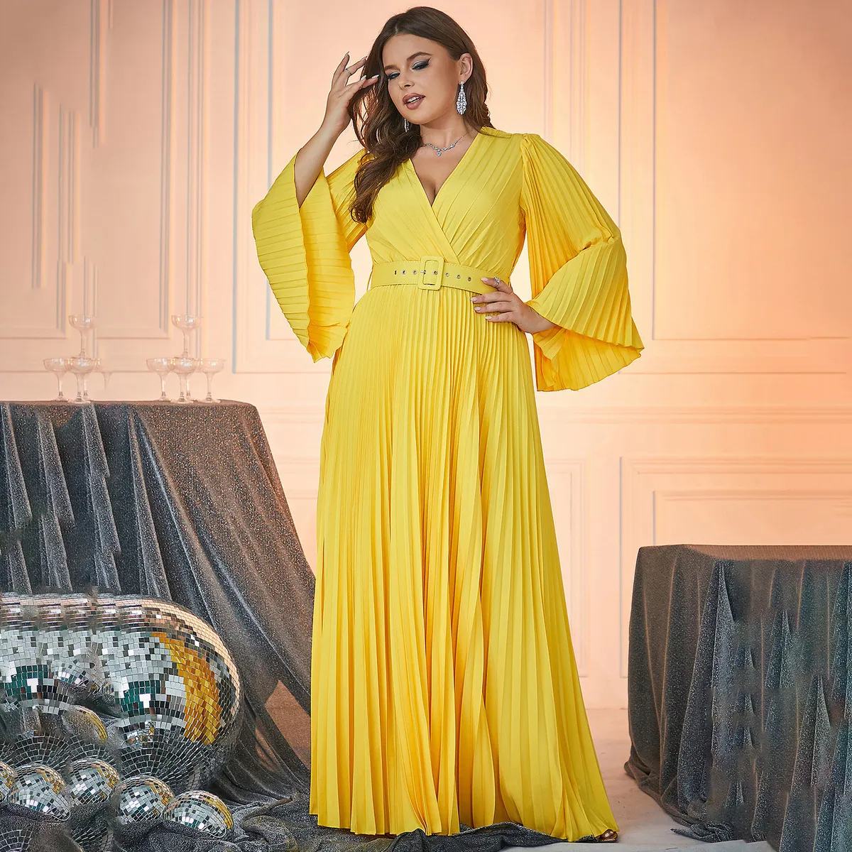 Women Fashion Elegant Plus Size Solid Color V-Neck Long Sleeve Pleated Tight-Waist Party Evening Dress