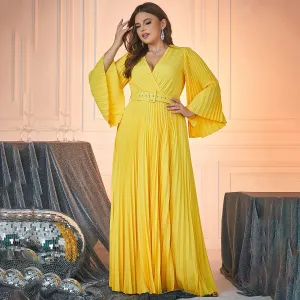 Women Fashion Elegant Plus Size Solid Color V-Neck Long Sleeve Pleated Tight-Waist Party Evening Dress