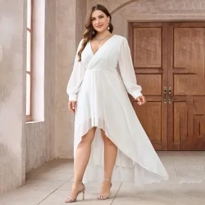 Women Fashion Elegant Plus Size Solid Color Chiffon V-Neck Long Sleeve Tight Waist Party Evening Dress