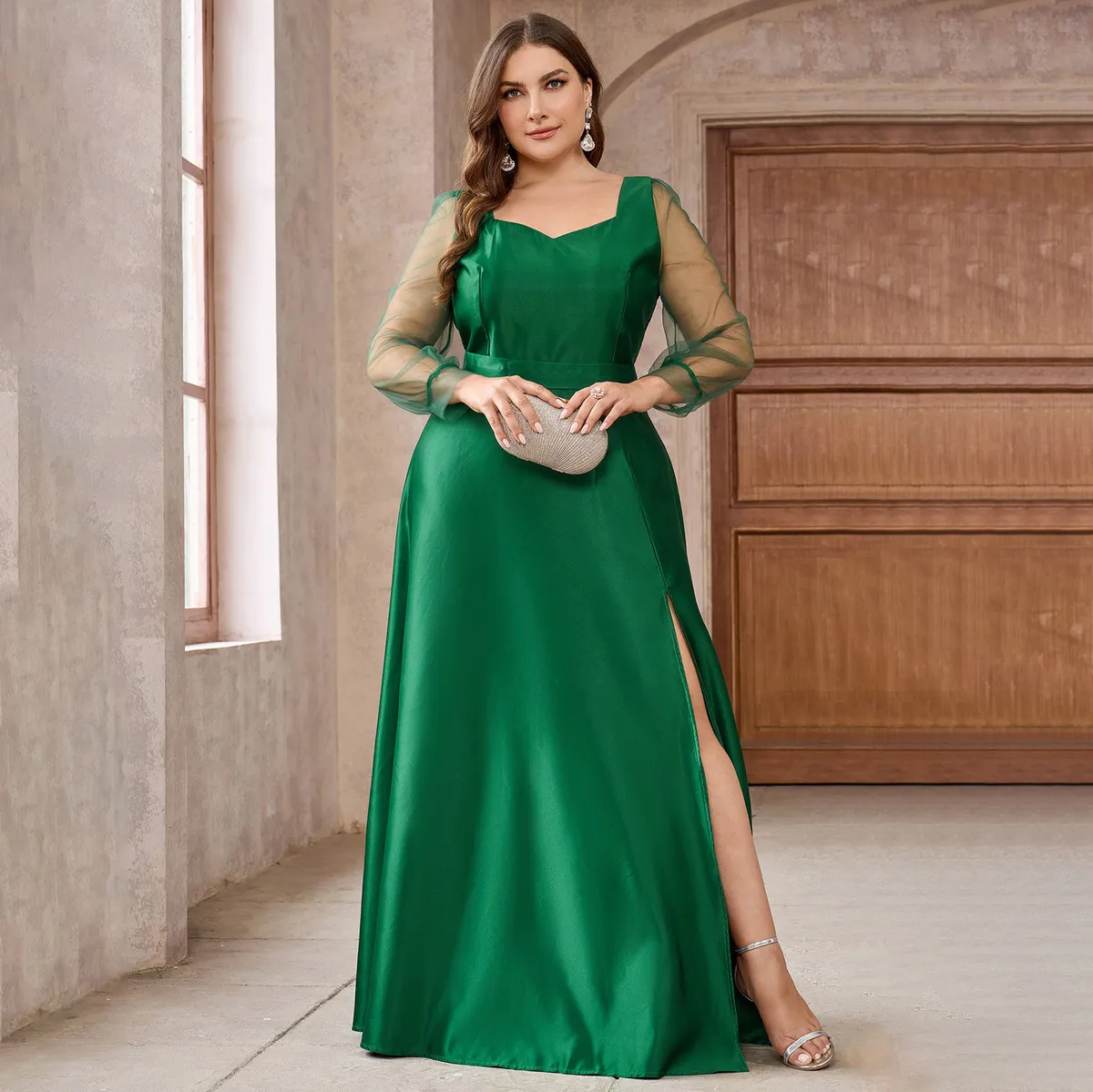 Women Fashion Elegant Plus Size Solid Color Satin Mesh Long Sleeve Stitching Square Neck Party Evening Dress