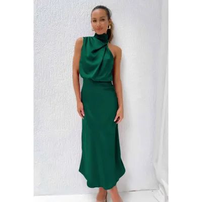 Women Fashion Elegant Summer Solid Color Satin Sleeveless Dress