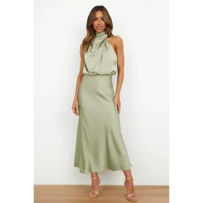 Women Fashion Elegant Summer Solid Color Satin Sleeveless Dress