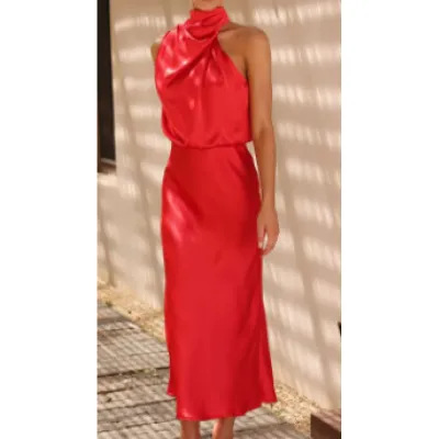 Women Fashion Elegant Summer Solid Color Satin Sleeveless Dress