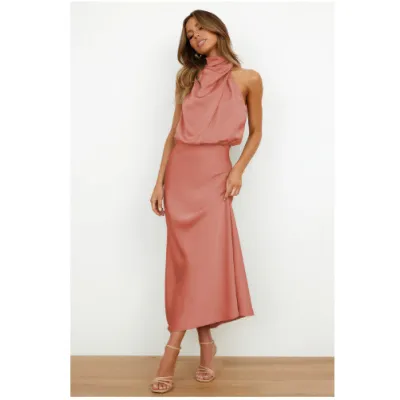 Women Fashion Elegant Summer Solid Color Satin Sleeveless Dress