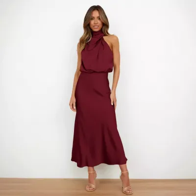Women Fashion Elegant Summer Solid Color Satin Sleeveless Dress