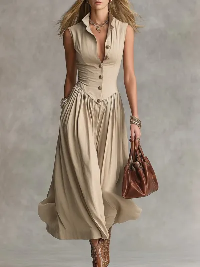 Women Fashion Elegant Spring Solid Color Lapel Sleeveless A-Line Dress