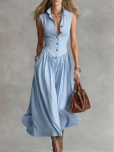 Women Fashion Elegant Spring Solid Color Lapel Sleeveless A-Line Dress