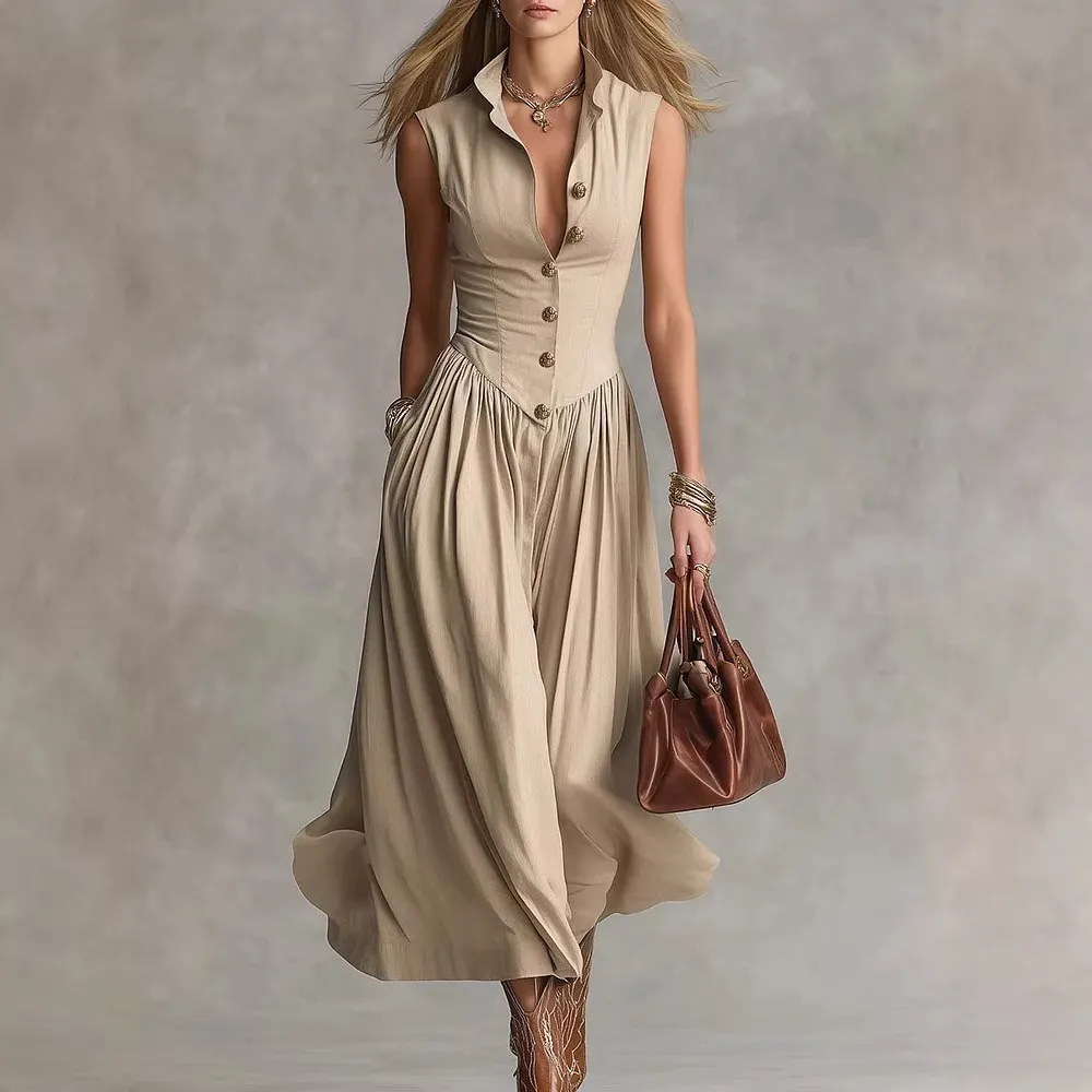 Women Fashion Elegant Spring Solid Color Lapel Sleeveless A-Line Dress