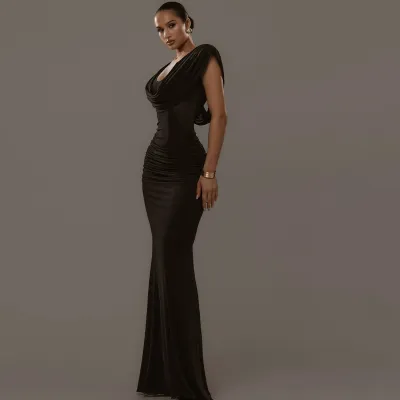 Women Fashion Elegant Summer Solid Color Swing Collar Sleeveless Tight Waist Pleated Slim-Fit Dress
