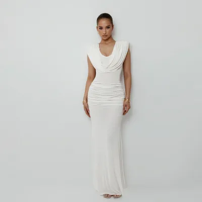 Women Fashion Elegant Summer Solid Color Swing Collar Sleeveless Tight Waist Pleated Slim-Fit Dress