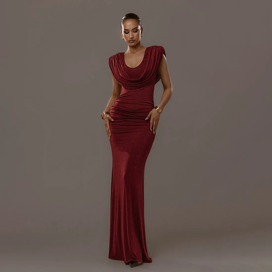 Women Fashion Elegant Summer Solid Color Swing Collar Sleeveless Tight Waist Pleated Slim-Fit Dress