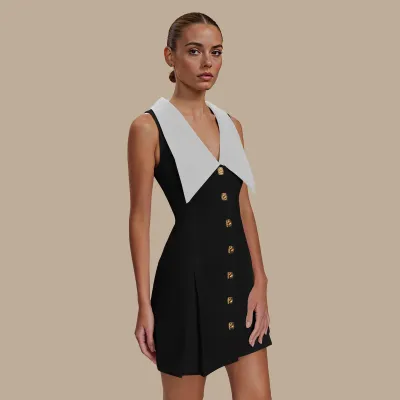 Women Fashion Elegant Summer Patchwork Lapel Sleeveless Metal Buckle Tight Waist Dress