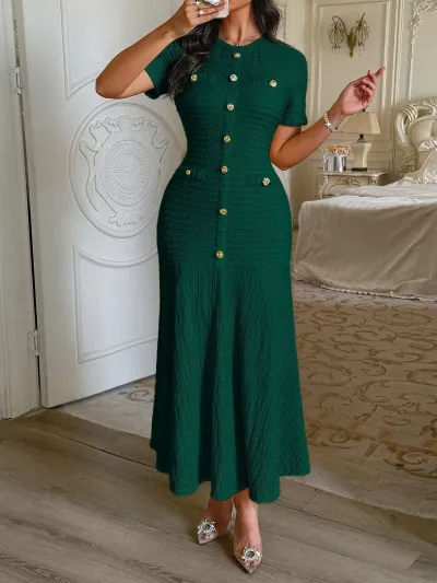 Women Fashion Elegant Spring Solid Color Short-Sleeve Tight Waist Metal Buckle Dress