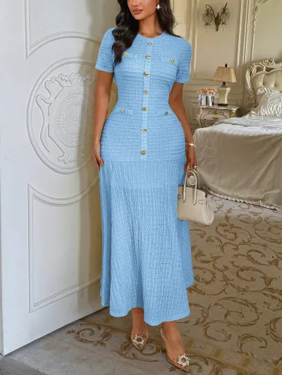 Women Fashion Elegant Spring Solid Color Short-Sleeve Tight Waist Metal Buckle Dress