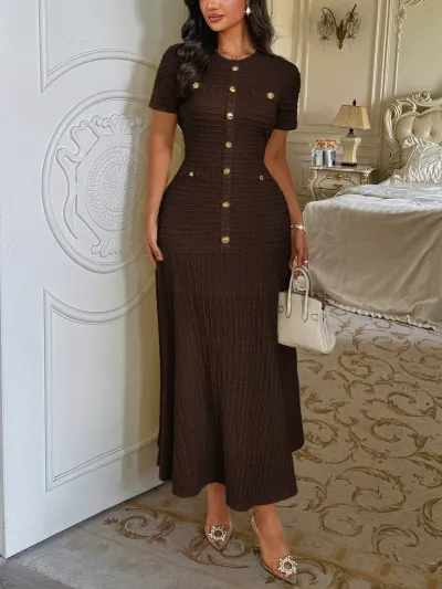 Women Fashion Elegant Spring Solid Color Short-Sleeve Tight Waist Metal Buckle Dress