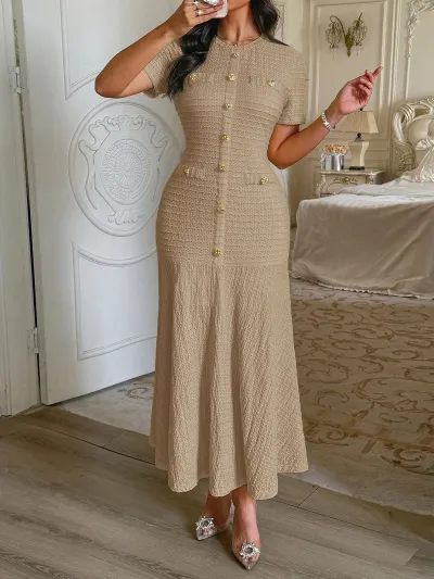 Women Fashion Elegant Spring Solid Color Short-Sleeve Tight Waist Metal Buckle Dress