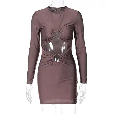 Women Fashion Sexy Y2k Summer Solid Color Long Sleeve Hollow Slim-Fit Dress