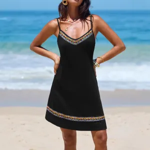 Women Fashion Summer Boho Vacation Printed Spaghetti Strap Dress