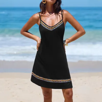 Women Fashion Summer Boho Vacation Printed Spaghetti Strap Dress