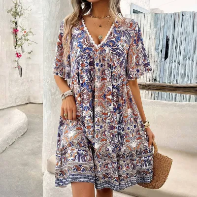 Vestido holgado de manga corta con cuello en V, estampado, estilo bohemio casual para mujer, ideal para vacaciones.