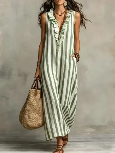 Women Fashion Casual Summer Boho Vacation Linen Vertical Stripe V-Neck Sleeveless Pocket Loose Dress