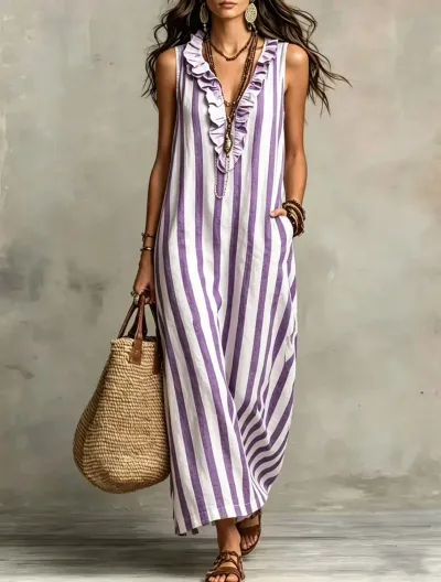 Women Fashion Casual Summer Boho Vacation Linen Vertical Stripe V-Neck Sleeveless Pocket Loose Dress