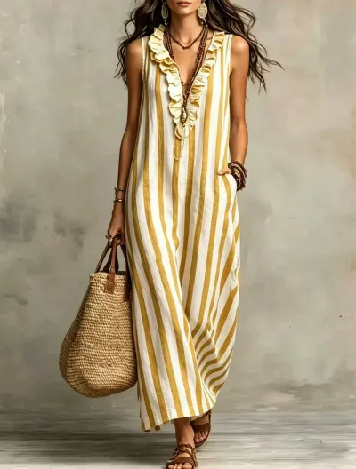 Women Fashion Casual Summer Boho Vacation Linen Vertical Stripe V-Neck Sleeveless Pocket Loose Dress