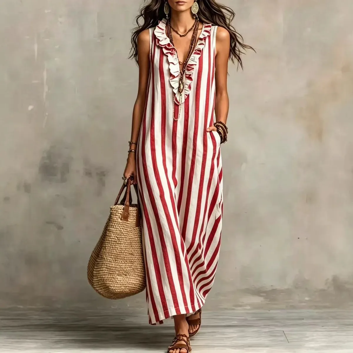 Women Fashion Casual Summer Boho Vacation Linen Vertical Stripe V-Neck Sleeveless Pocket Loose Dress