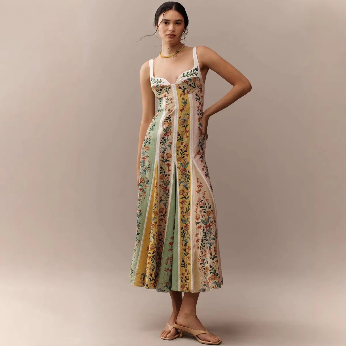 Women Fashion Casual Summer Boho Vacation Linen Printed Sleeveless Loose Dress