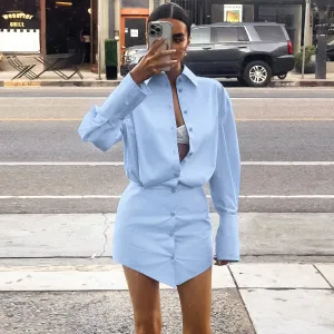 Women Fashion Casual Spring Office Solid Color Lapel Long-Sleeve Slim-Fit Dress