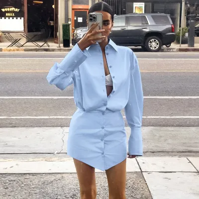 Women Fashion Casual Spring Office Solid Color Lapel Long-Sleeve Slim-Fit Dress