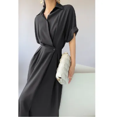 Women Fashion Casual Summer Office Solid Color Lapel Short-Sleeve Loose Dress