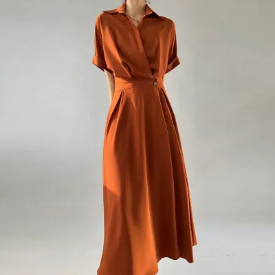Women Fashion Casual Summer Office Solid Color Lapel Short-Sleeve Loose Dress