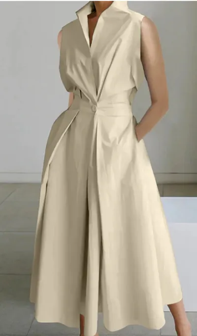 Women Fashion Casual Summer Office V-Neck Sleeveless Loose Dress