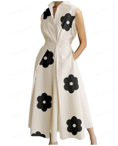 Women Fashion Casual Summer Office V-Neck Sleeveless Loose Dress