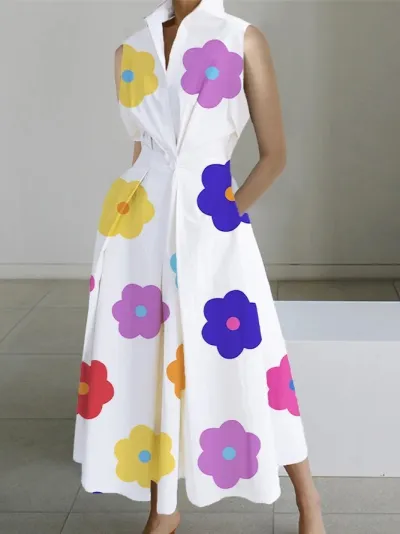 Women Fashion Casual Summer Office V-Neck Sleeveless Loose Dress
