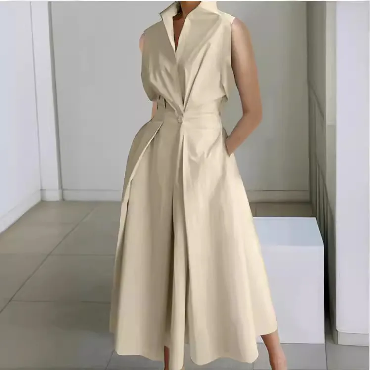 Women Fashion Casual Summer Office V-Neck Sleeveless Loose Dress