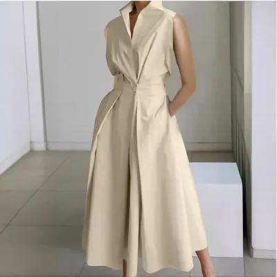 Women Fashion Casual Summer Office V-Neck Sleeveless Loose Dress