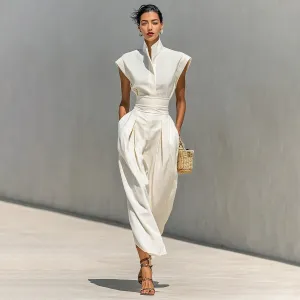 Women Fashion Casual Spring And Summer Office Solid Color High Collar Sleeveless Tight Waist Dress