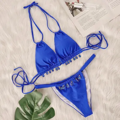 Women Fashion Sexy Solid Color Jewel Pendant Halter-Neck Lace-Up Bikini Swimsuit