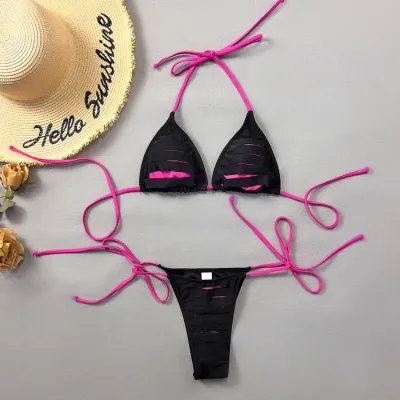 Women Fashion Sexy Color Block Hollow Lace-Up Bikini Swimsuit