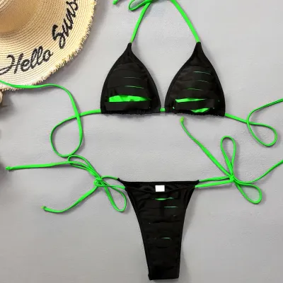 Women Fashion Sexy Color Block Hollow Lace-Up Bikini Swimsuit